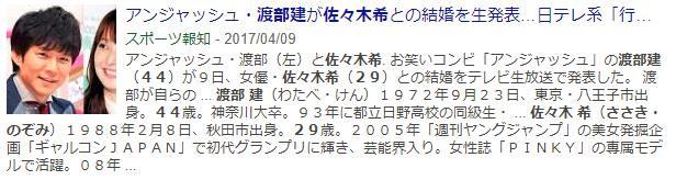 渡部建（４４）佐々木希（２９）結婚