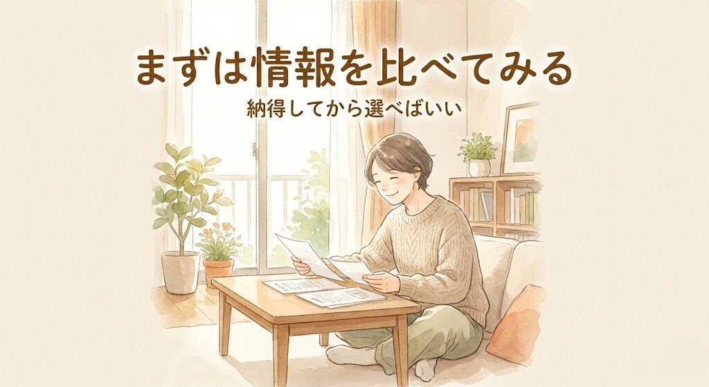 結婚相談所の資料を比較して検討するイラスト
