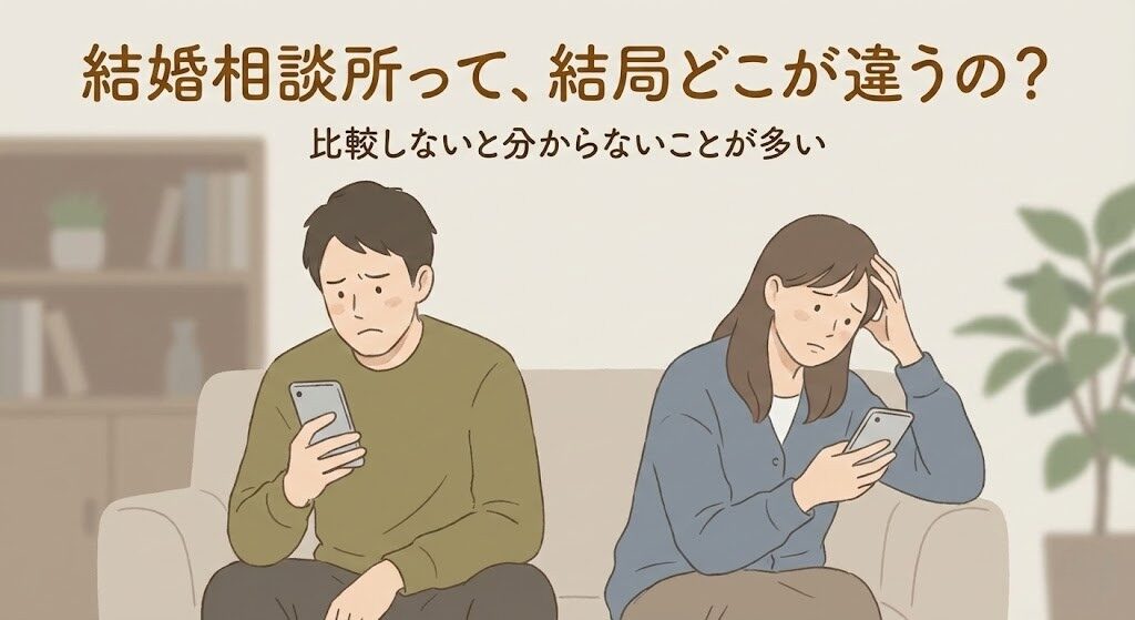 結婚相談所の違いが分からず悩む男女のイラスト
