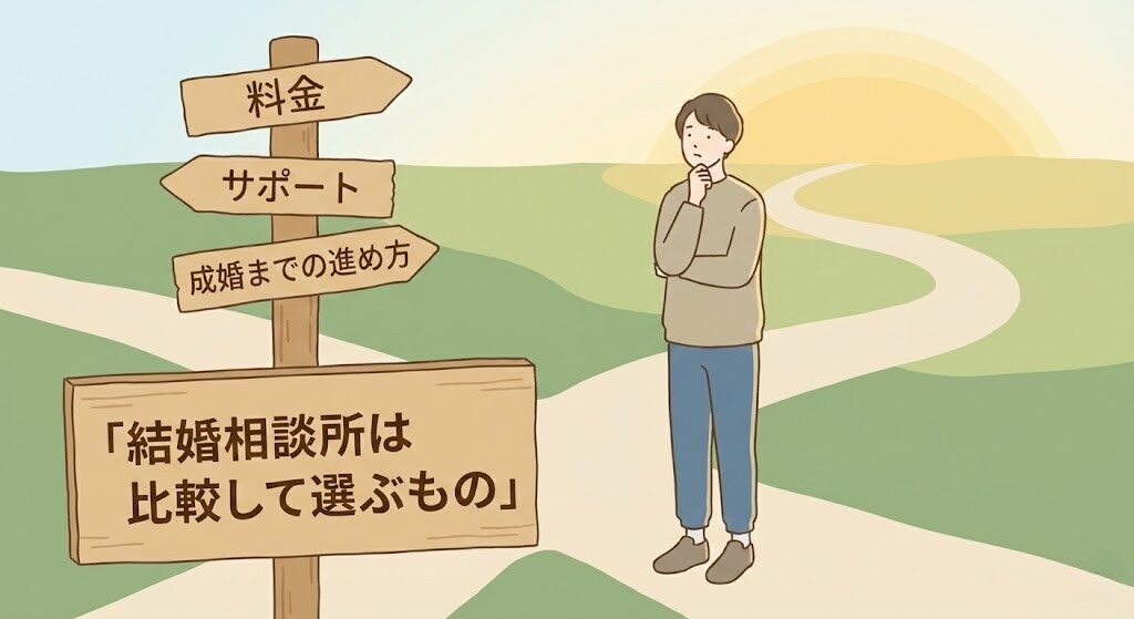 結婚相談所選びでは比較が重要であることを示すイラスト