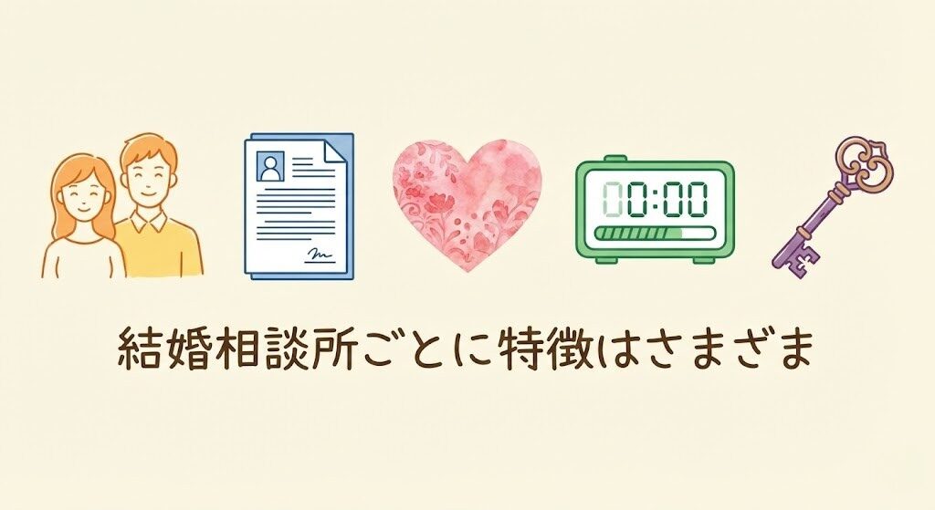 結婚相談所ごとの特徴の違いを表現したイラスト