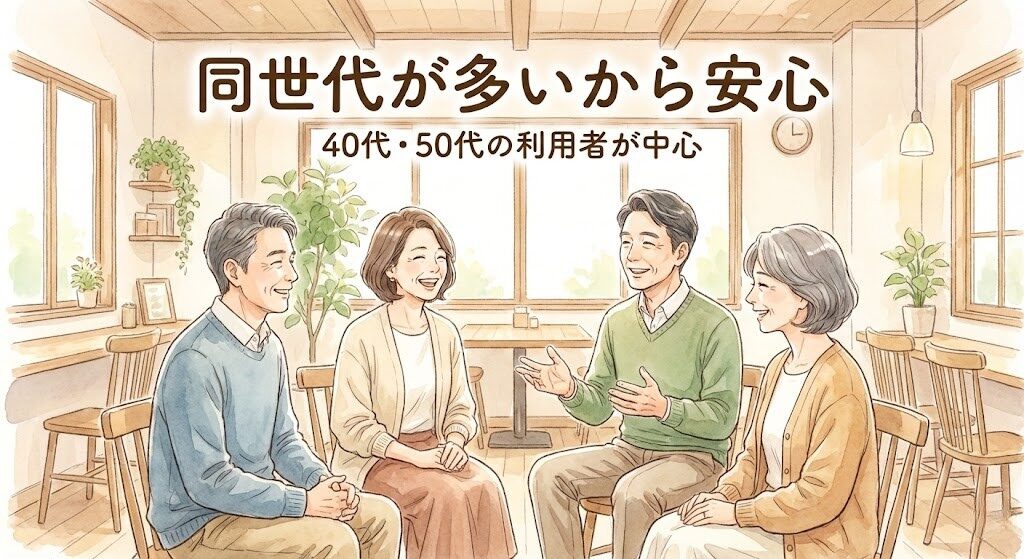 華の会メールは40代・50代の同世代利用者が多いことを示すイラスト