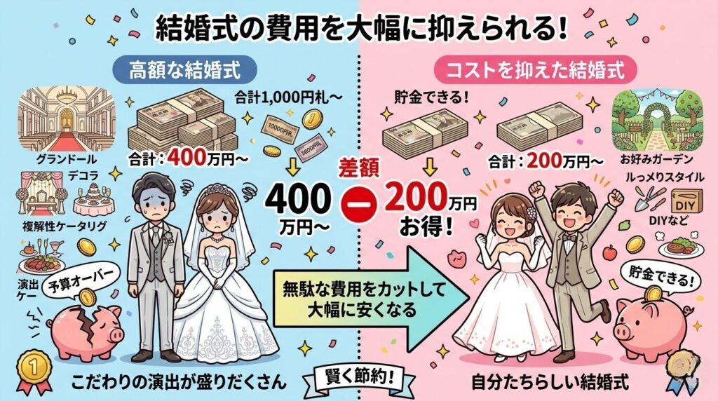 スマ婚は結婚式費用を抑えられることを表現したイラスト